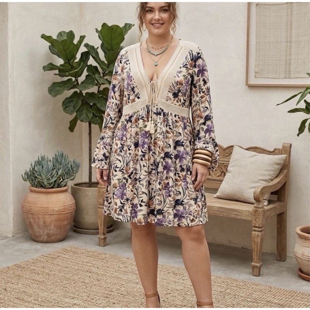 Torrid Floral Gauze Crochet Lace-Up Boho Dress Bell Sleeves Fairy Core Size 0